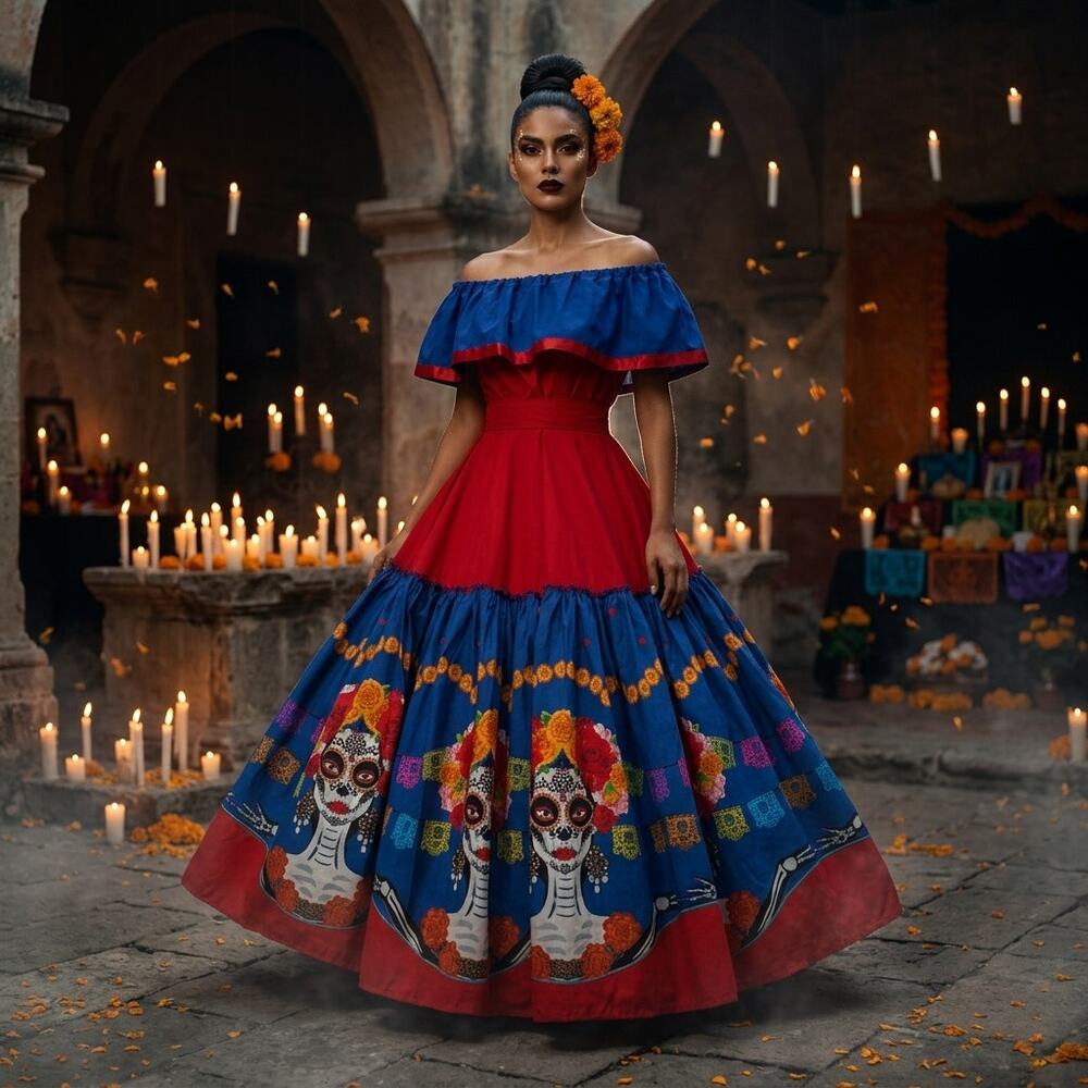 Mexican Dress Set Single Circle SkirT Day Of The Dead & Noche De Muertos